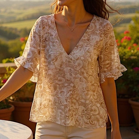 MICHAEL Michael Kors Paisley Ruffle Sleeve V-Neck Top Sz LARGE - NEW - Picture 1 of 8